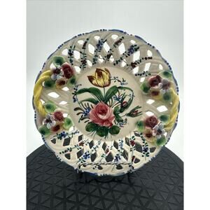 Vintage Floral Lattice Decorative Wall Plate Capodimonte Style Hand Painted